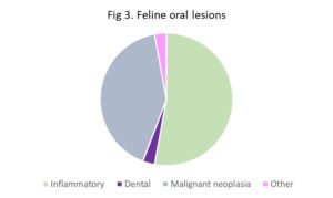 Pie Chart showing the percentages of types of oral lesions in Felines, the pie chart reads, Inflammatory is at 53% Dental is at 3% Malignant neoplasis is at 41%. and Other is at 3%